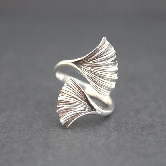 Sterling Silver Adjustable Ginkgo Leaves Ring - Picture 1 of 5